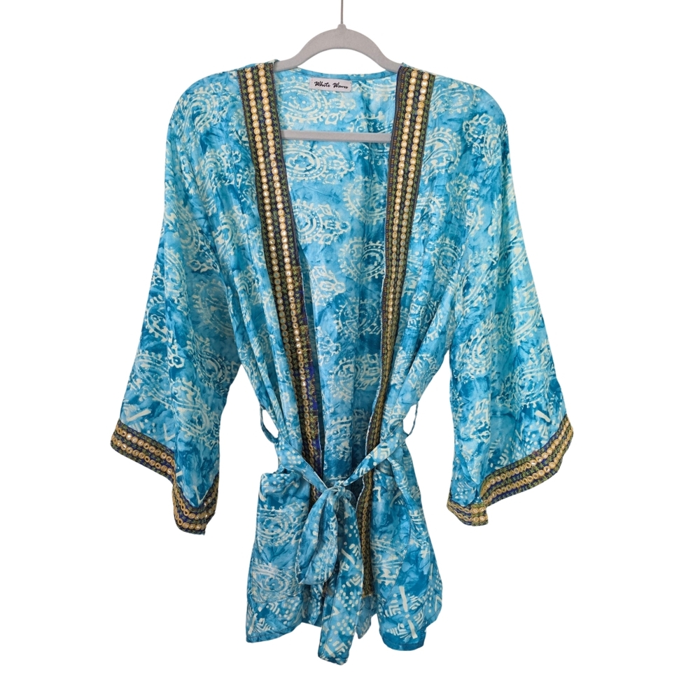 Silk Blend Batik Kimono Mirror Work  White Waves | OS
